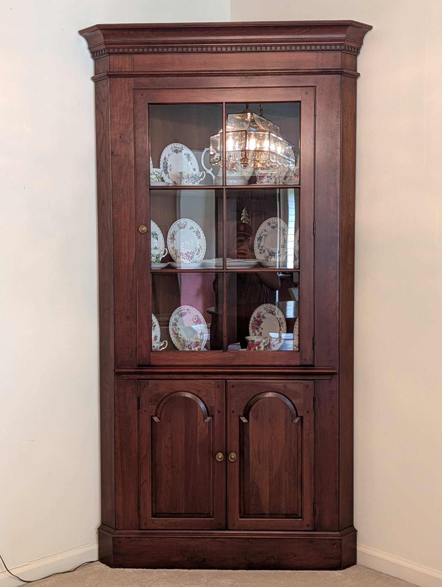 Solid Wood China Cabinet Hutch - Cherry Finish, Arched Panels, Glass Doors