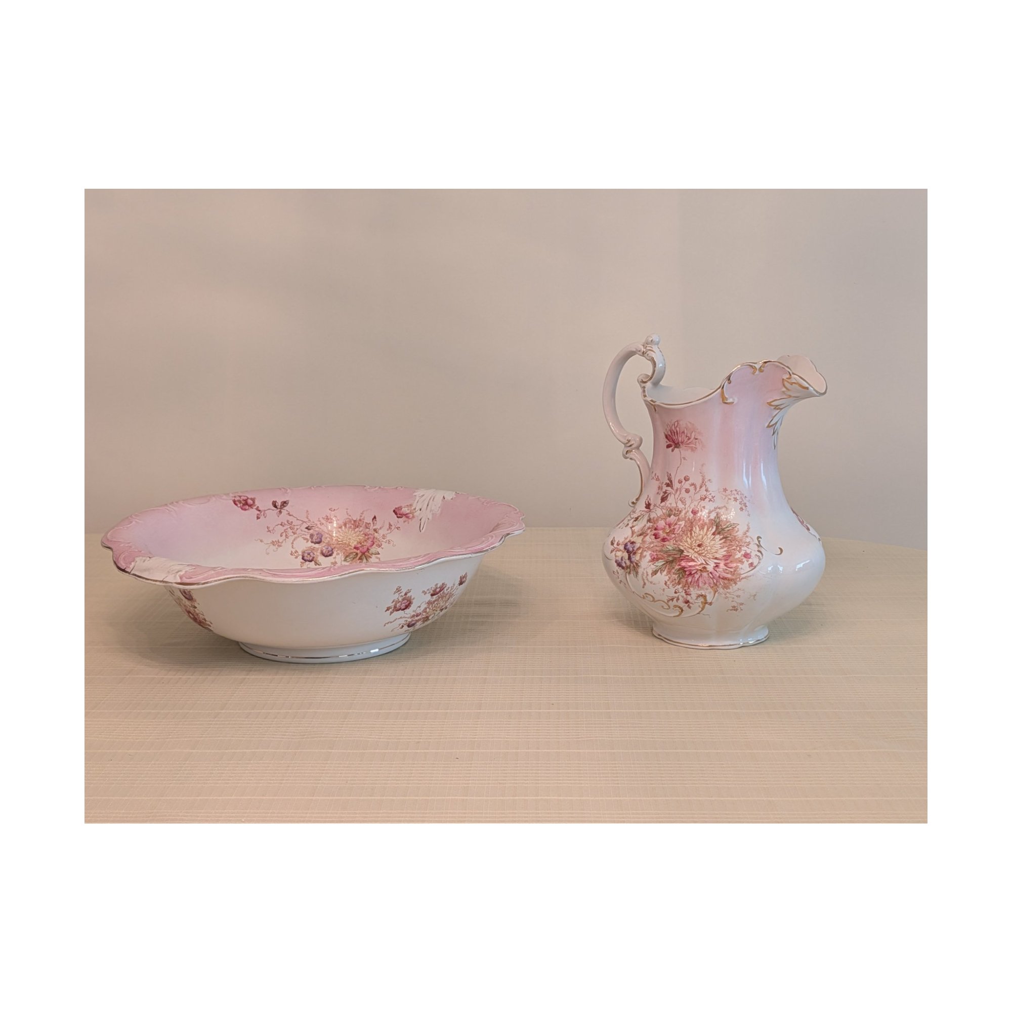 W.M. Co Antique Victorian Porcelain Pitcher Pink Floral Gold Gilt Scrolled Handle