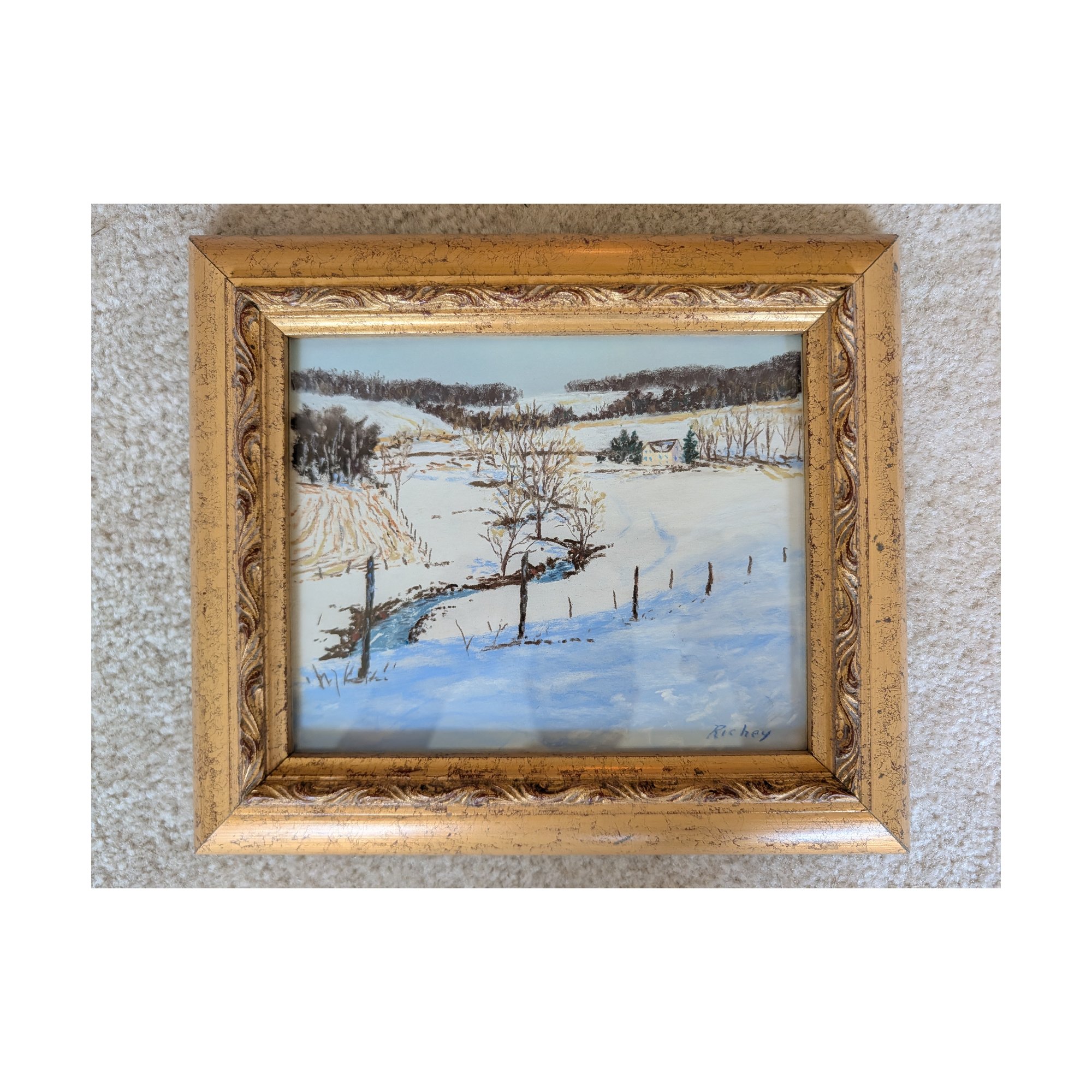 Richey Signed Winter Landscape Oil Painting, Gold Frame
