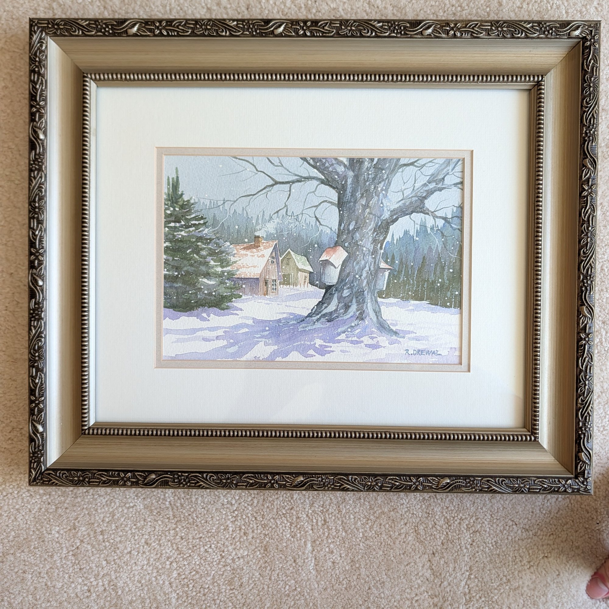 R. Drewal Original Watercolor Winter Snow Sugar Maple Sap Buckets Cabin Framed