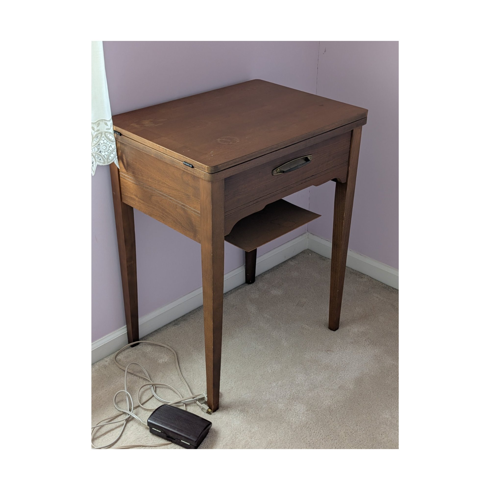 Vintage Singer Sewing Machine in Mid Century Wood Cabinet with Foot Pedal