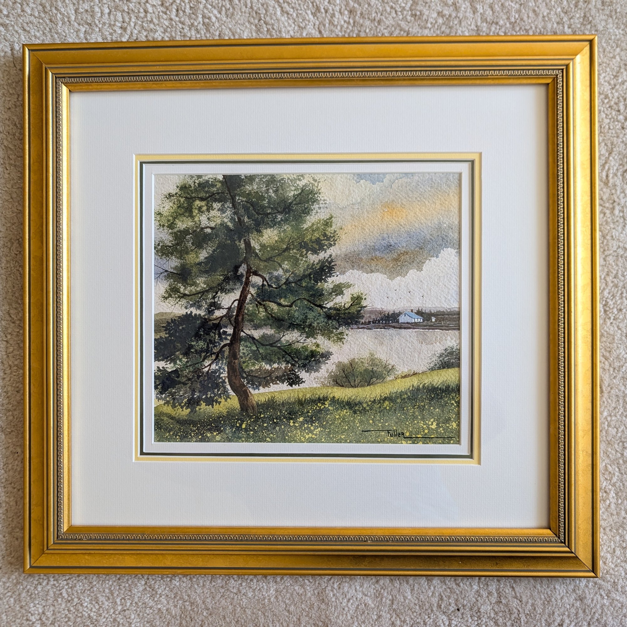 Fuller Signed Original Watercolor Lakeside Pine Meadow Wildflowers Gold Frame 14x14
