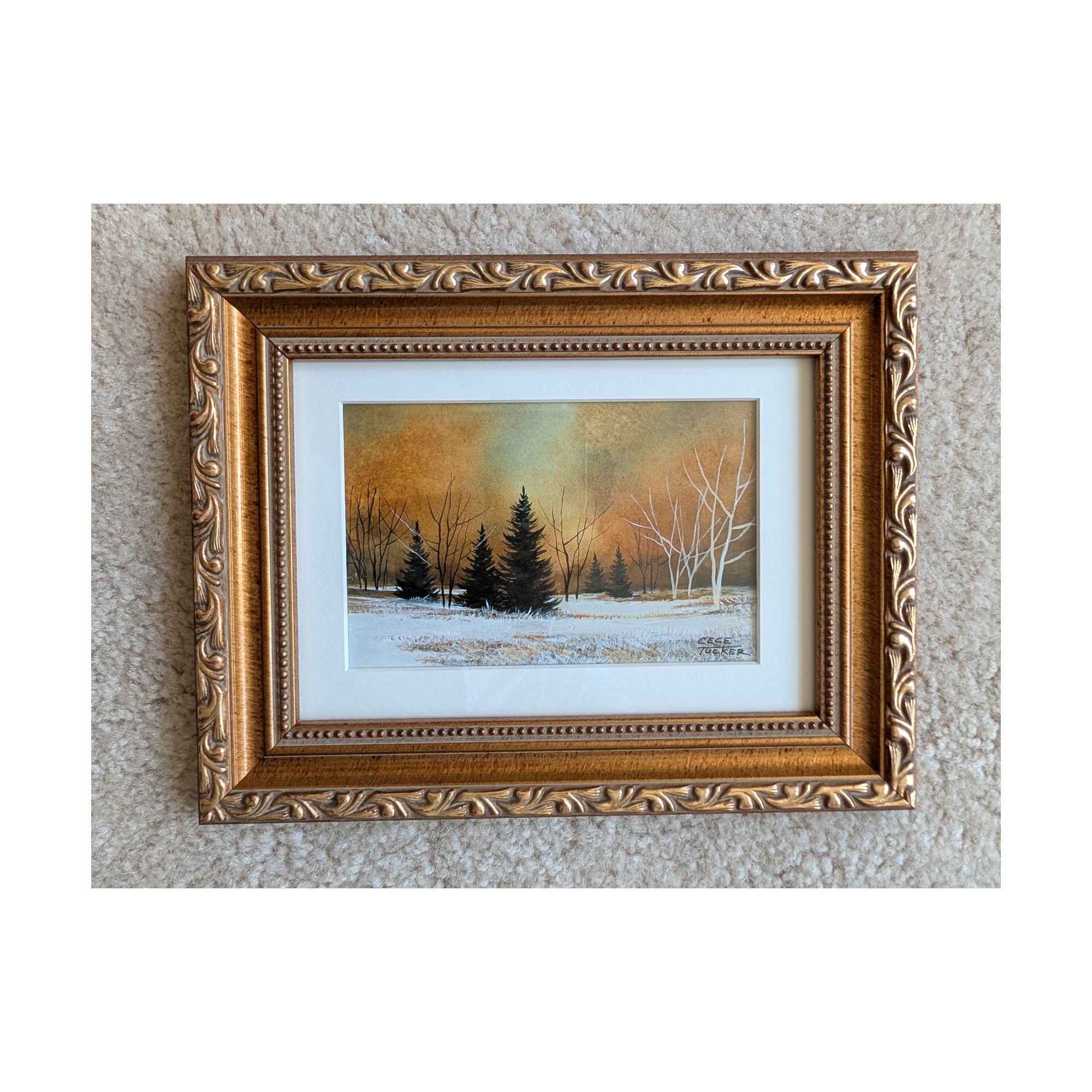 Cece Tucker Original Watercolor Winter Evergreens Amber Sky Ornate Gold Frame 12x9