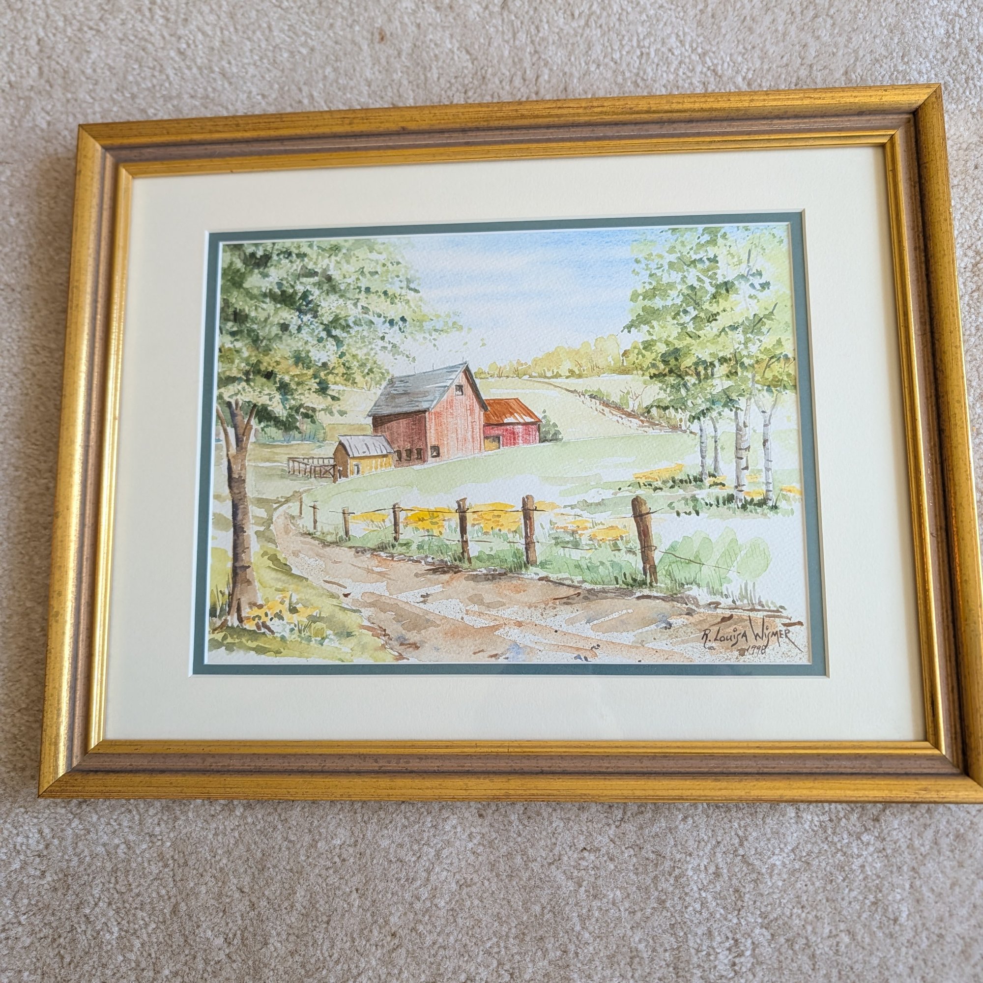 R. Louisa Wismer Original Watercolor Red Barn Country Lane Bucks County 1998 Framed 14x11