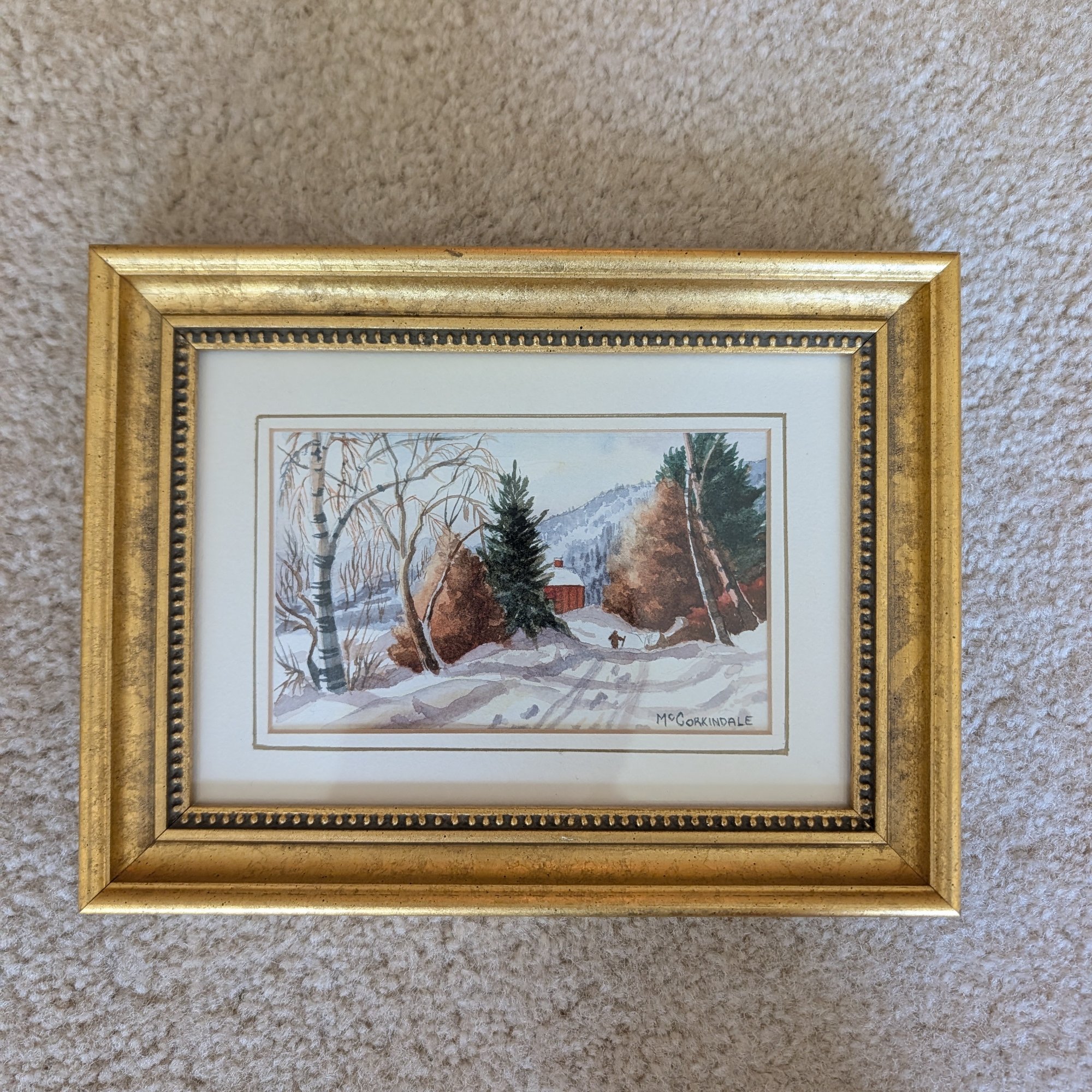 Barbara McCorkindale Original Watercolor Winter Lane Birch Red Cabin Gold Frame