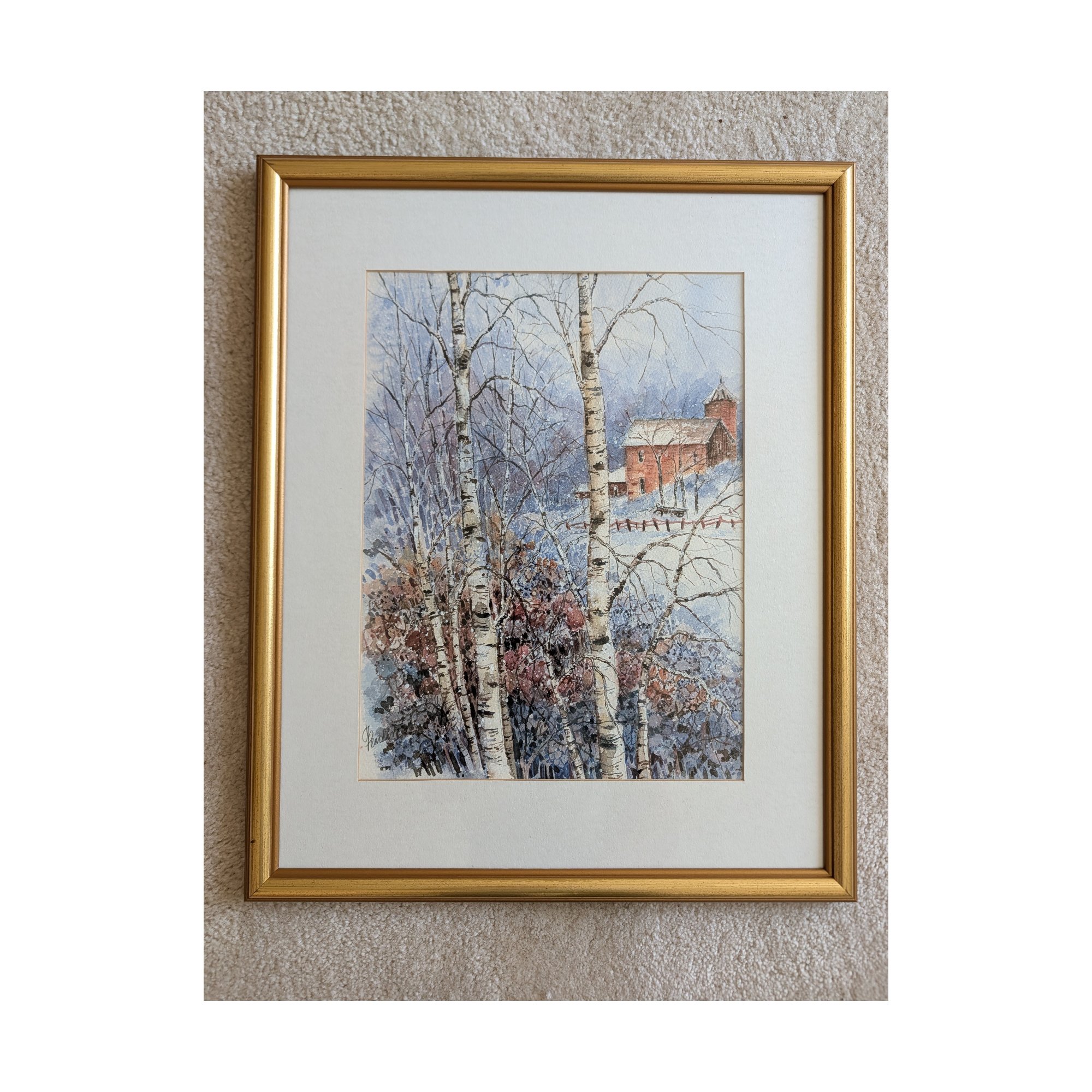 J. Reardon Signed Original Watercolor Winter Birch Trees Red Barn Snow Framed 14x17