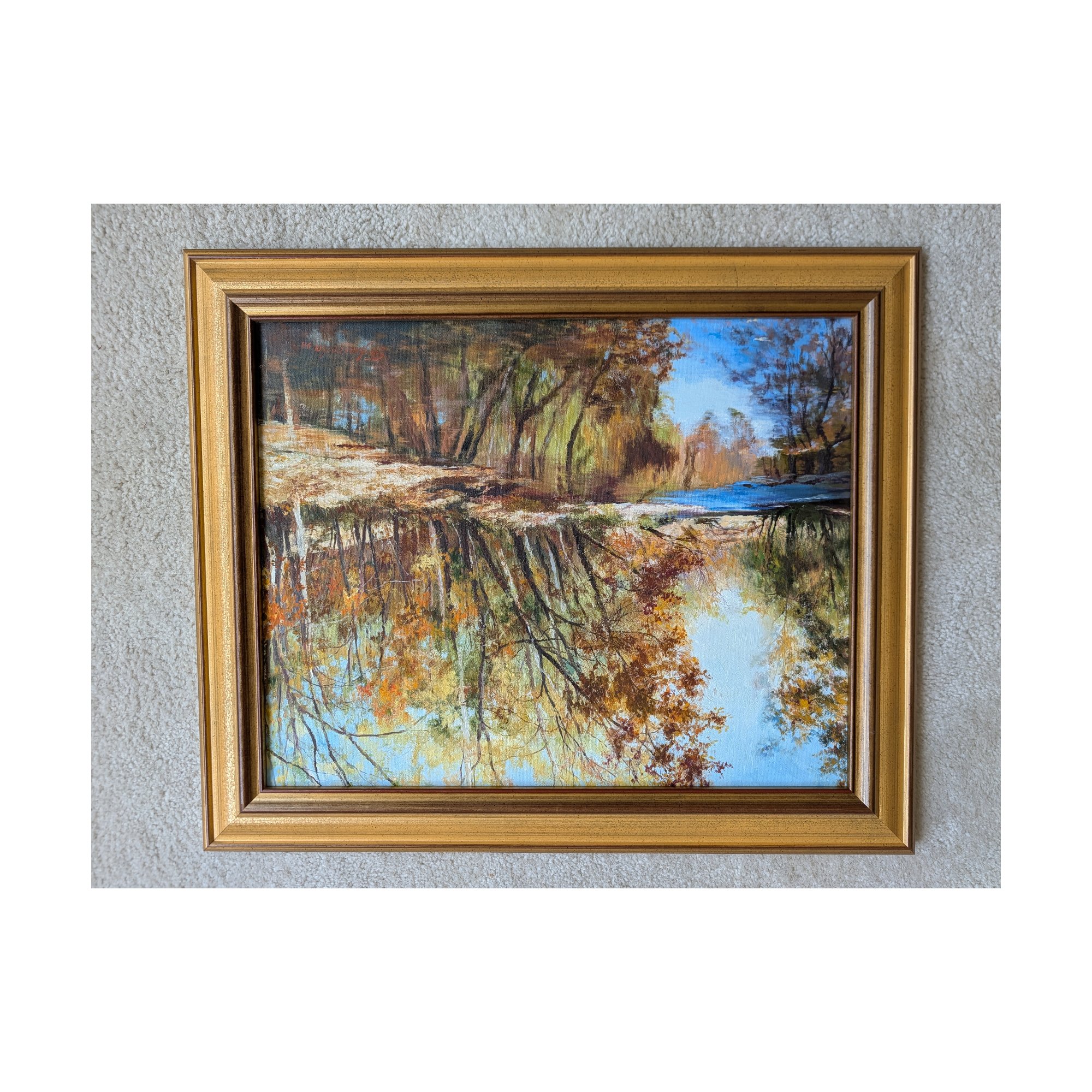Original Oil Painting Autumn Trees Pond Reflection 20x24 Custom Gold Frame