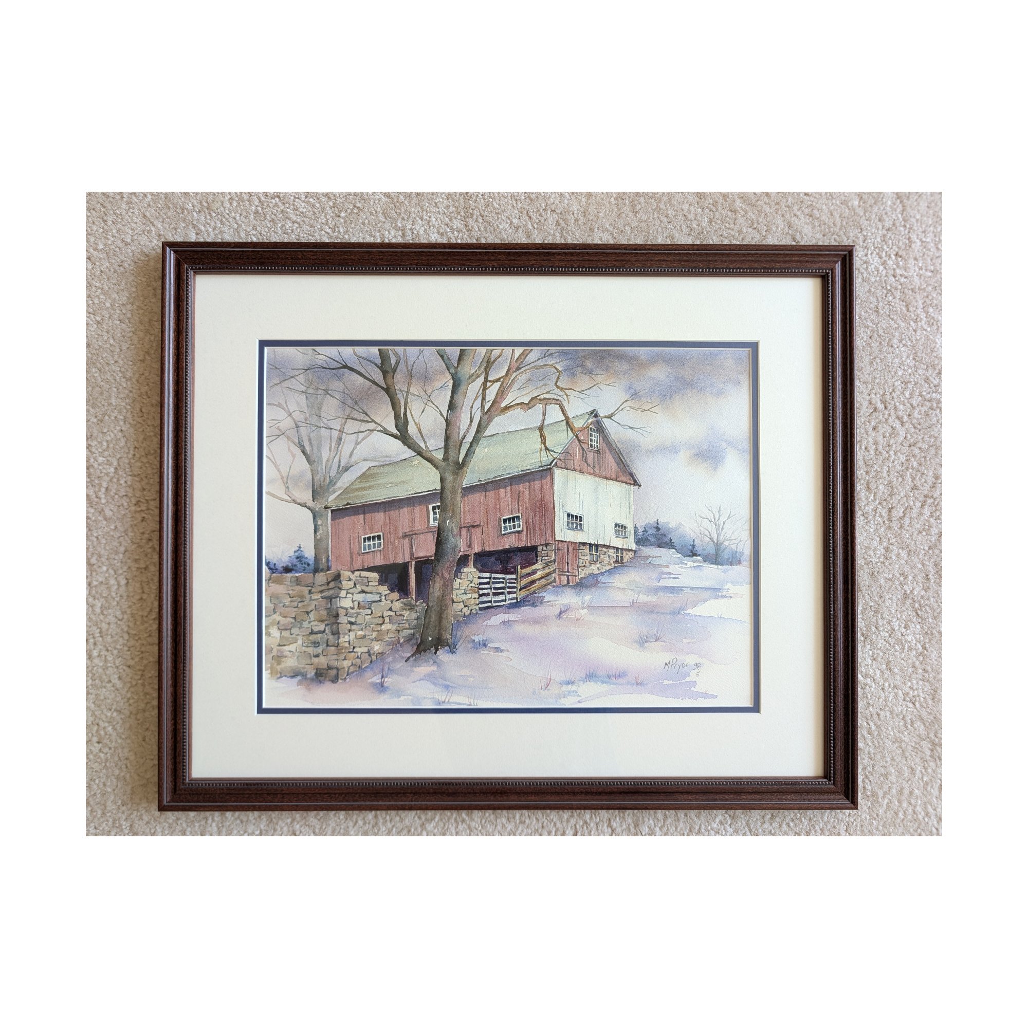 Milli Pryor Original Watercolor Bucks County Stone Bank Barn Winter 1998 Framed