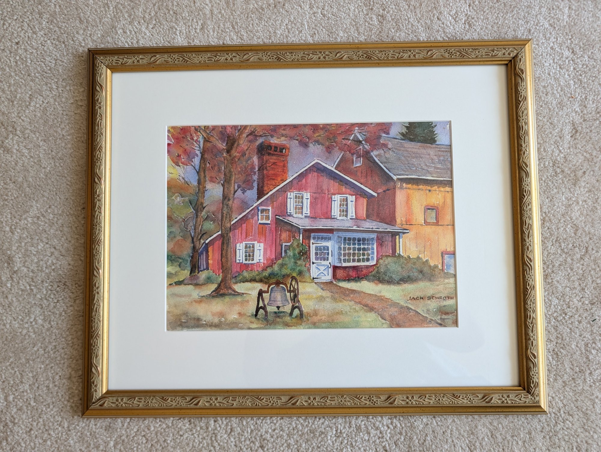 Jack Schroth Signed Original Watercolor Red Barn House Autumn Farm Bell Gilt Frame 18x22