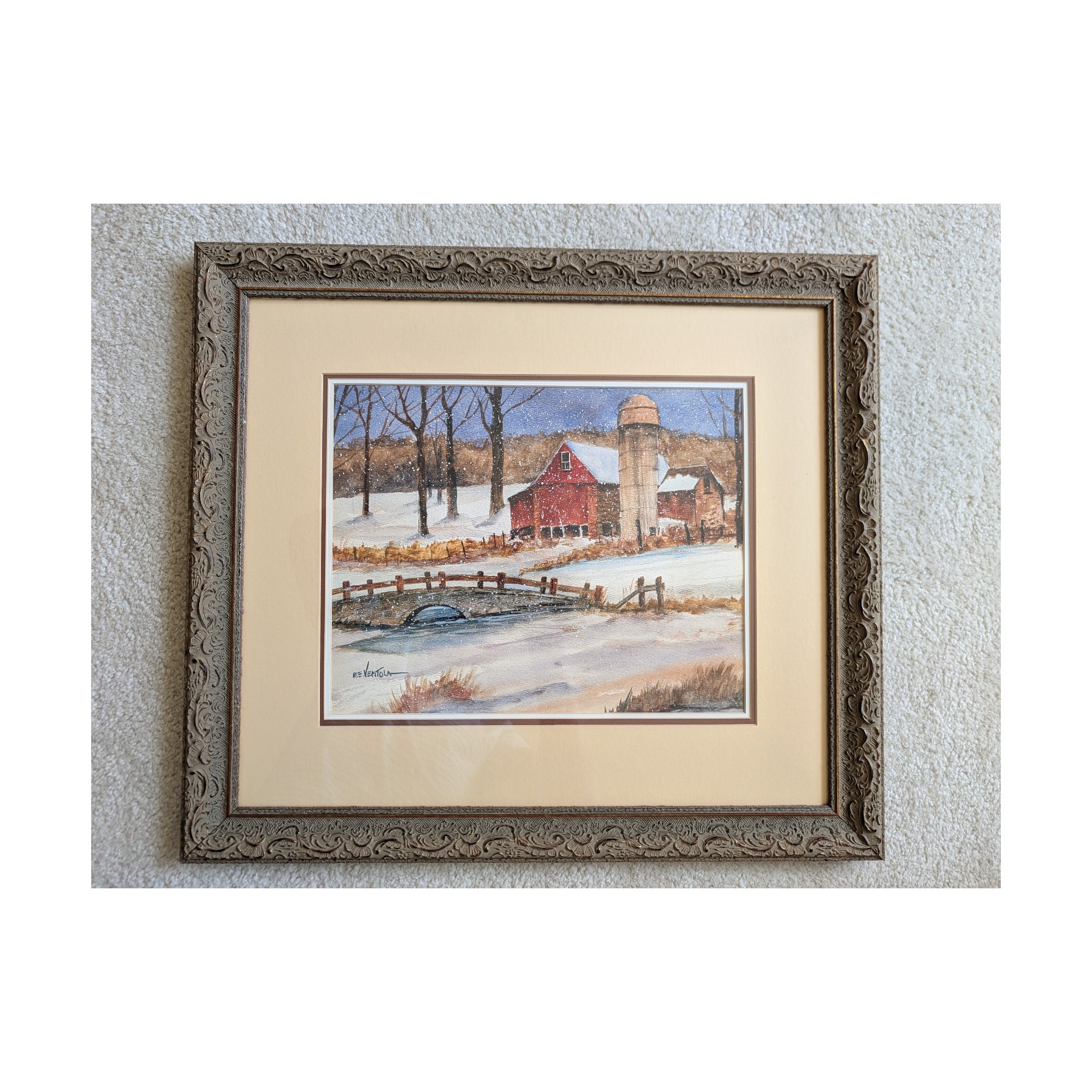 M.E. Ventola Signed Original Watercolor Red Barn Silo Stone Bridge Snow Ornate Frame 22x19