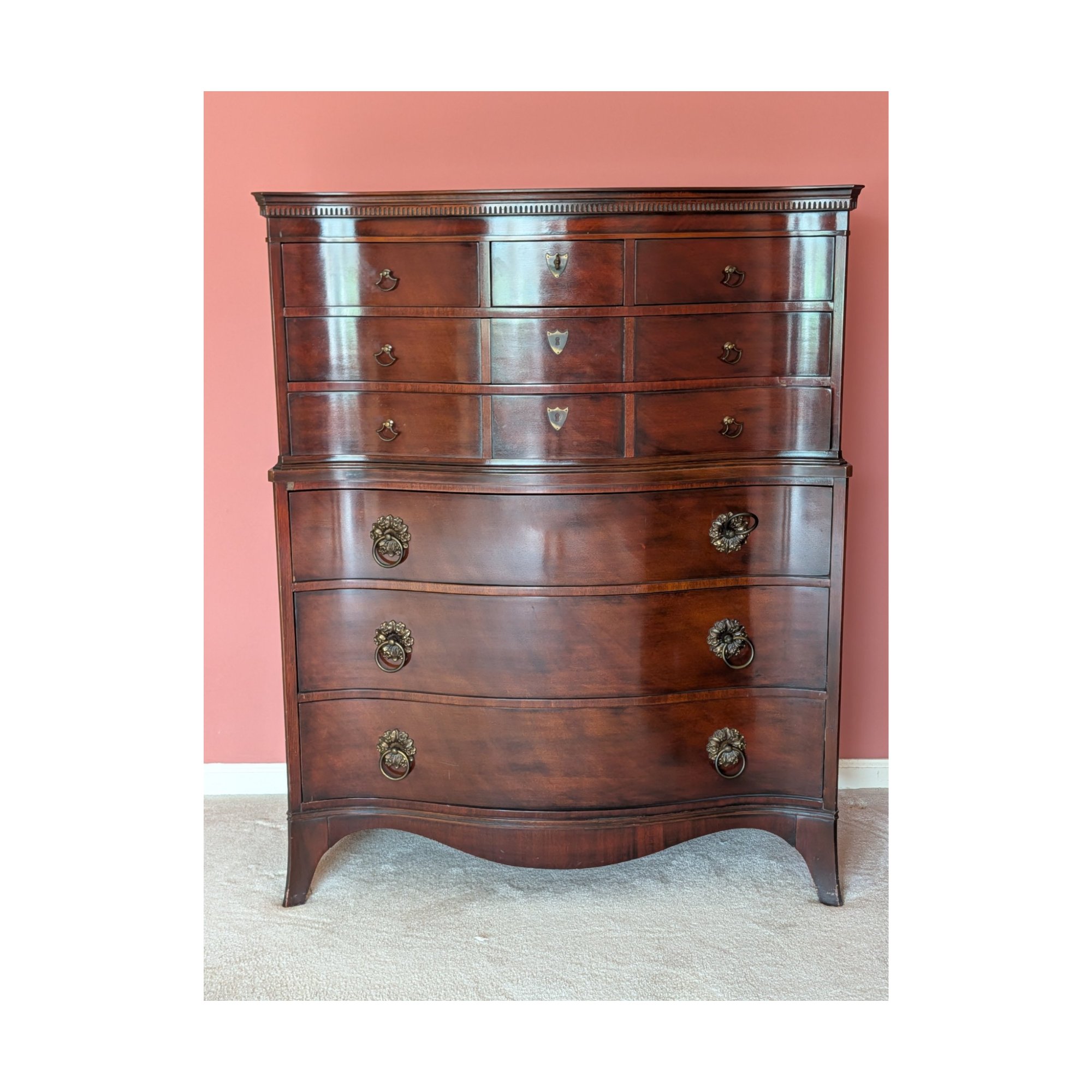 Antique Kent-Coffey "The Evanshire" Mahogany Bow-Front Chest of Drawers with Dentil Molding