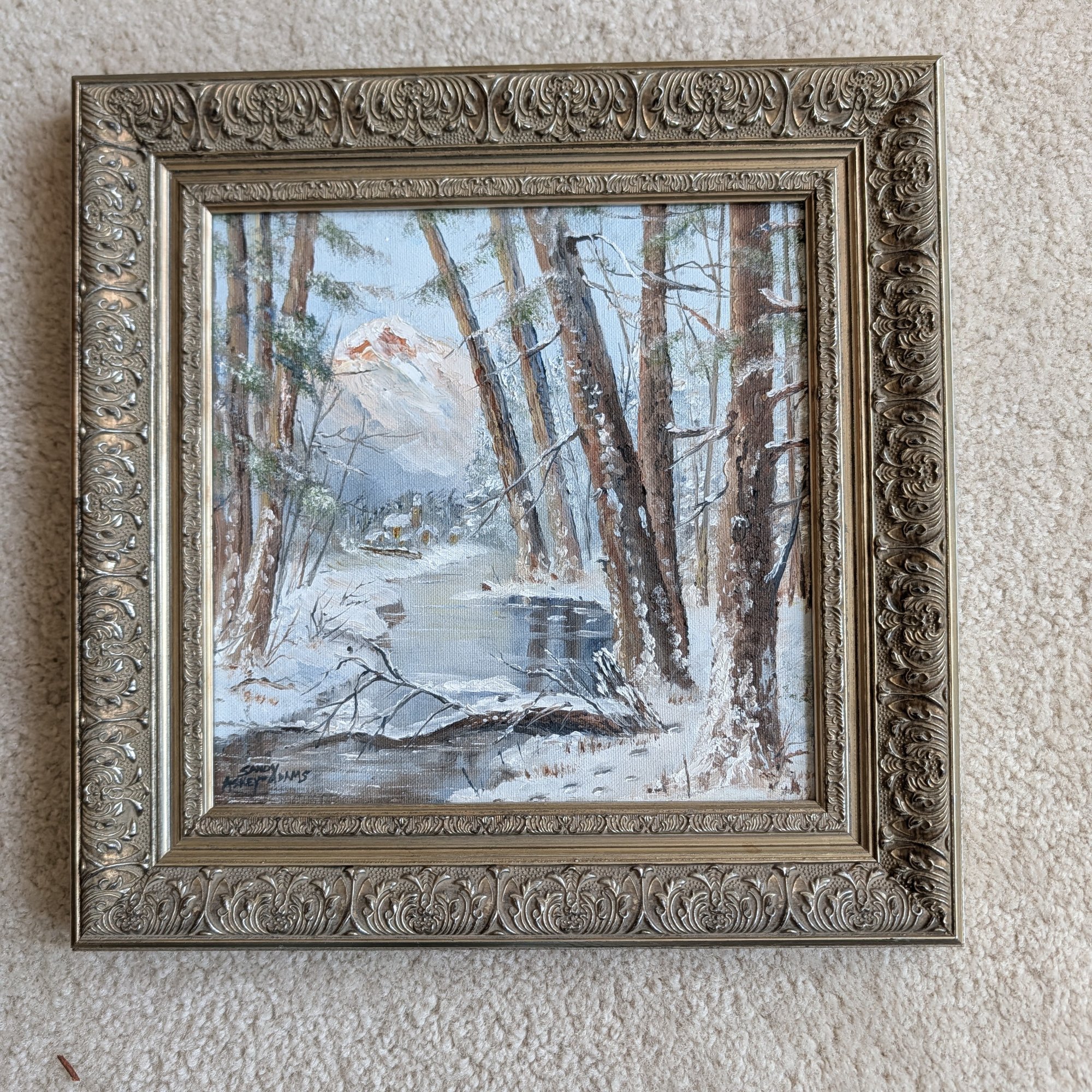 Sandy Askey-Adams Original Oil Painting Winter Forest Creek Mountain 10x10 Ornate Frame