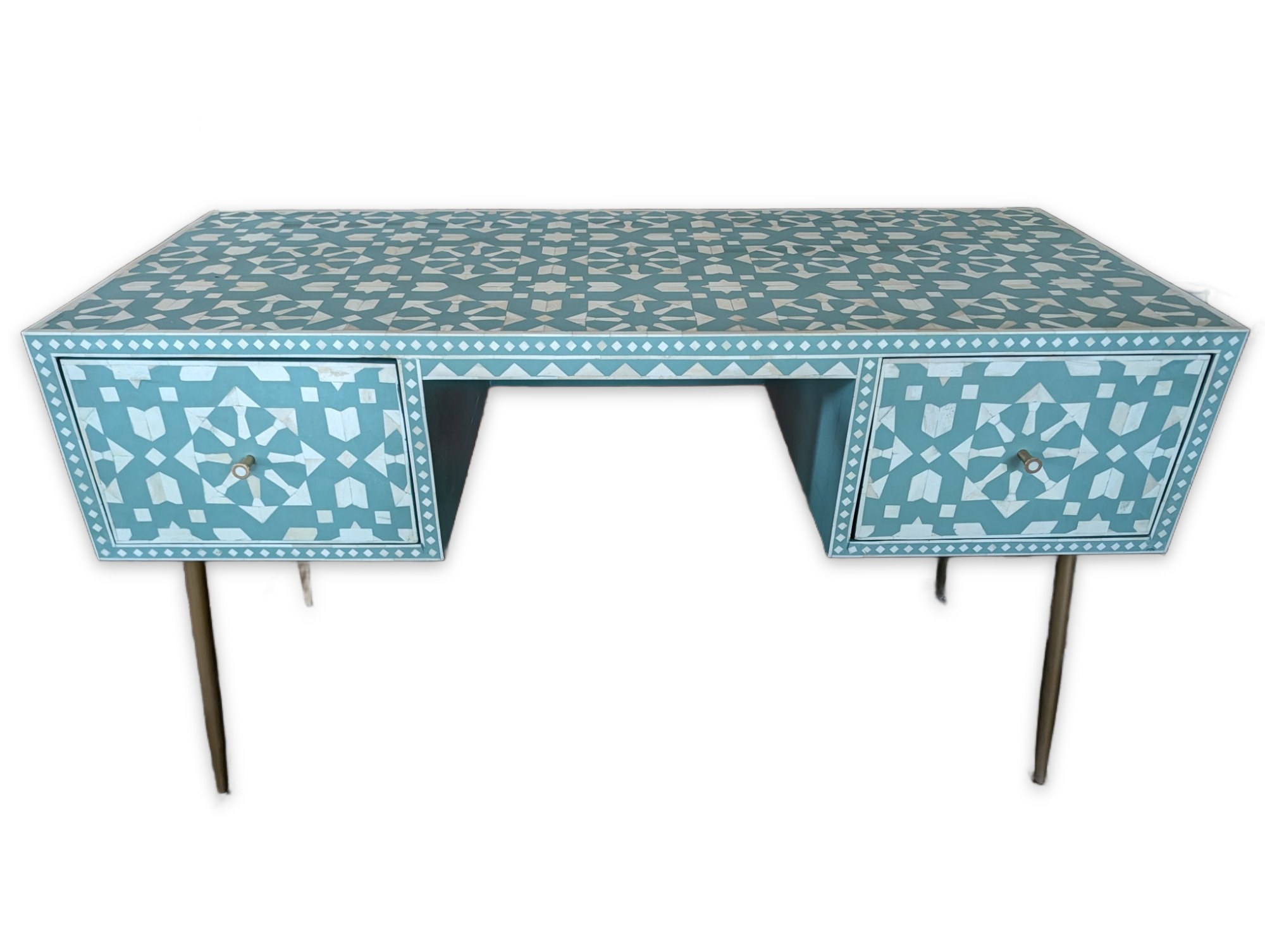Bone Inlay Writing Desk Teal/White Moroccan Pattern Brass Legs
