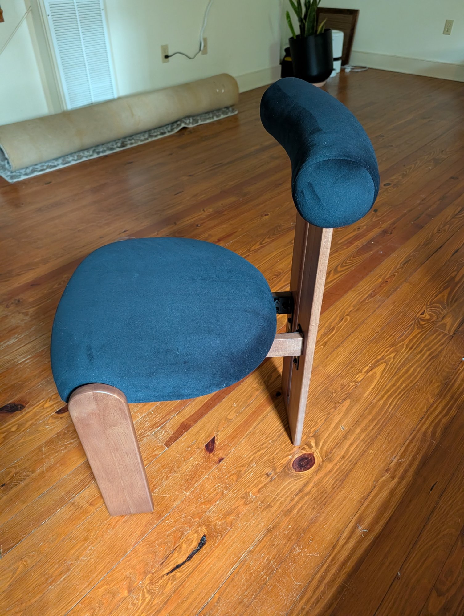 Modern Sculptural Wood Chair Black Velvet Seat & Bolster Back