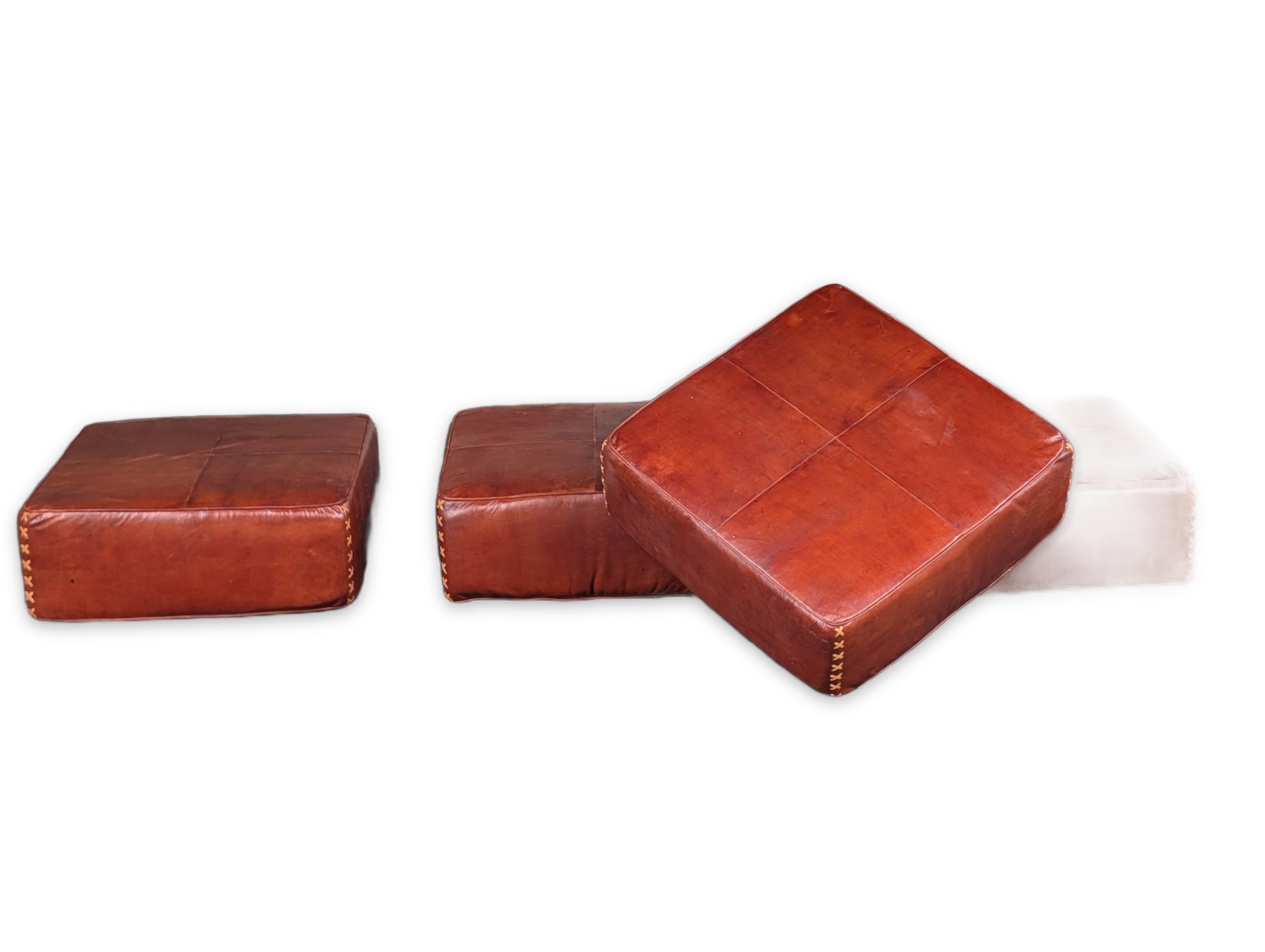 Set of 4 Authentic Moroccan Leather Poufs Ottoman Floor Cushions Cognac