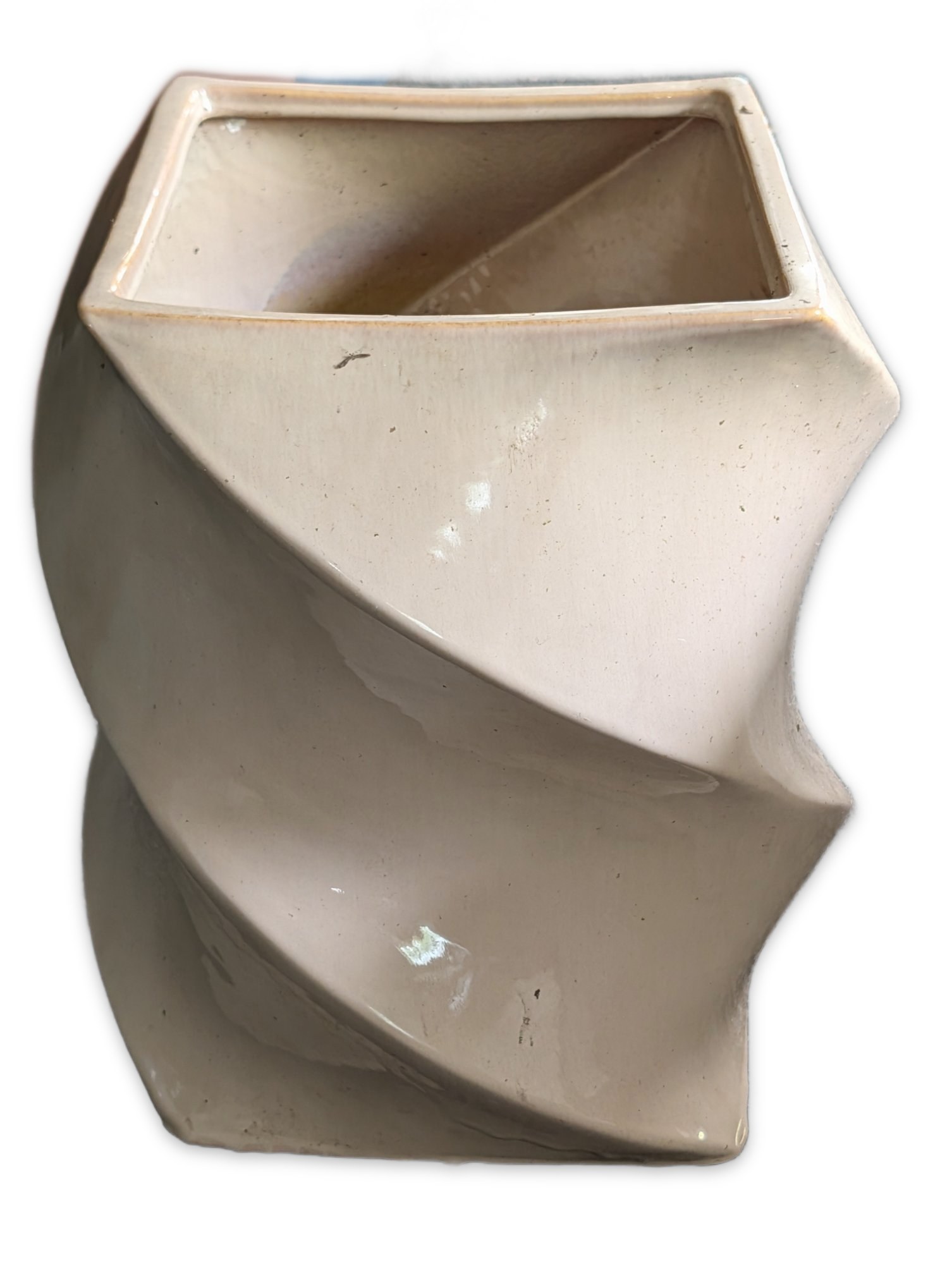 Large Twisted Ceramic Vase/Planter Cream Glazed Square Opening