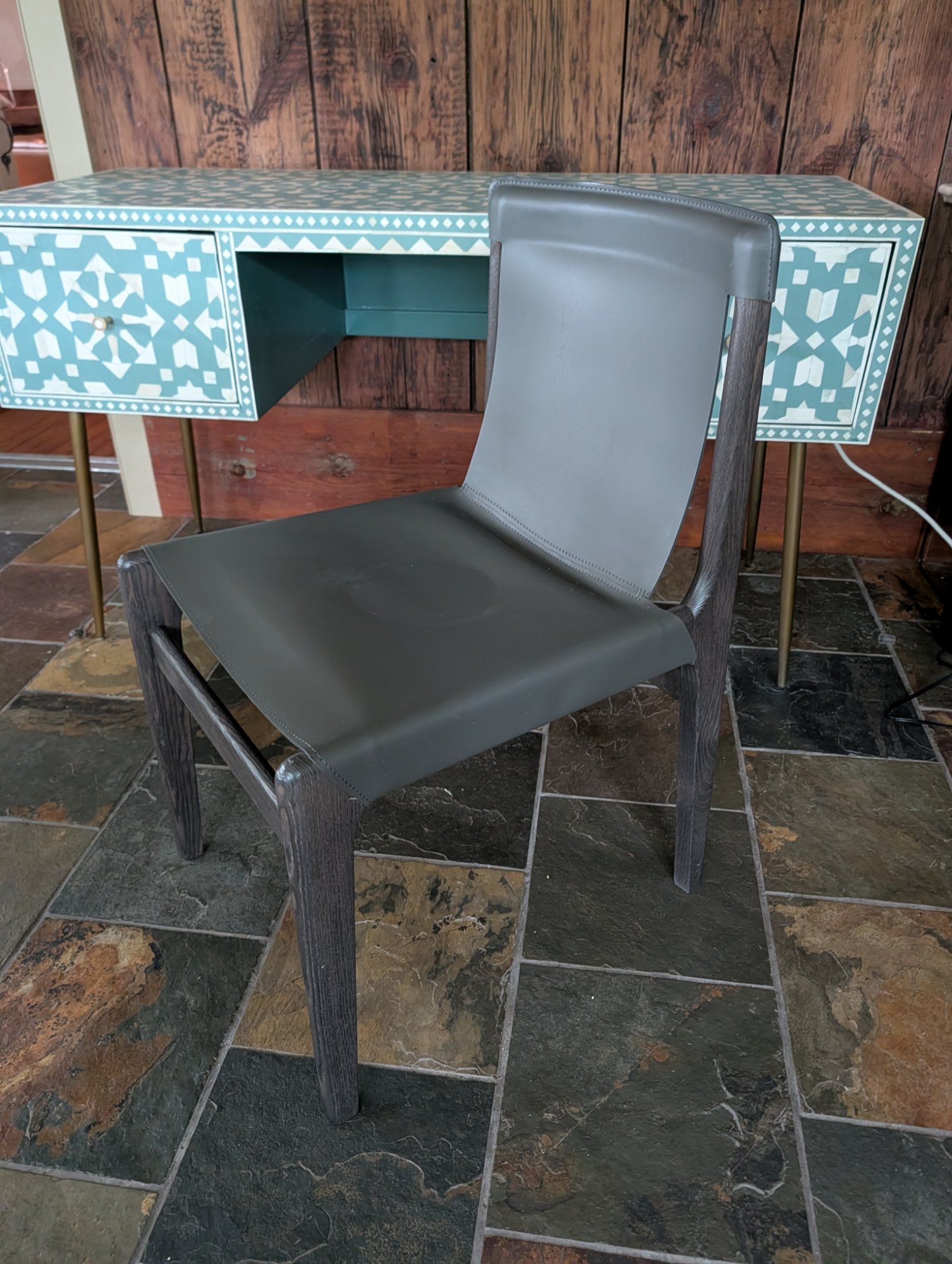 Anthropologie Gray Leather & Wood Dining Side Chair