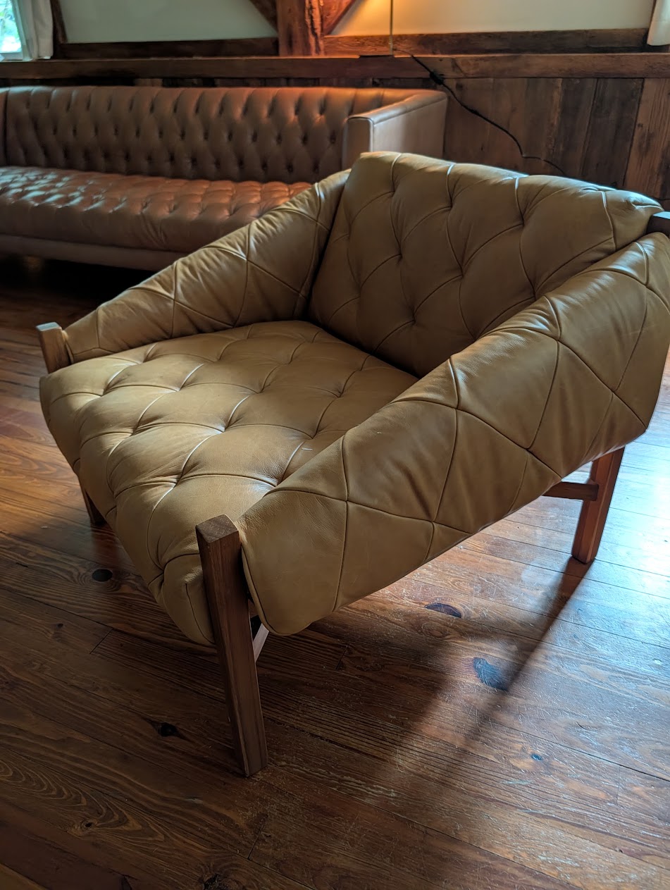 CB2 Abruzzo Tufted Faux Leather Chair w/ Walnut Frame, Tan/Brown